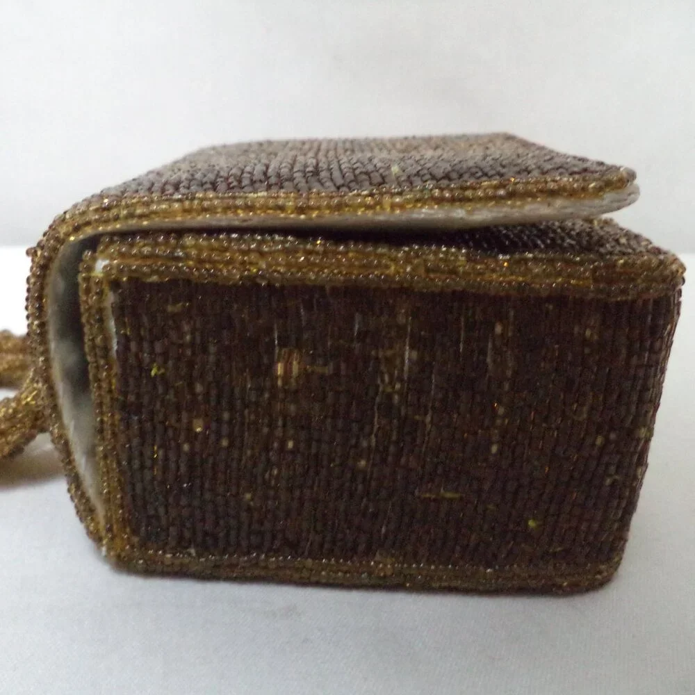 Vintage gold Beaded Box handbag purse small Beaded strap w/ Mirror Occasion